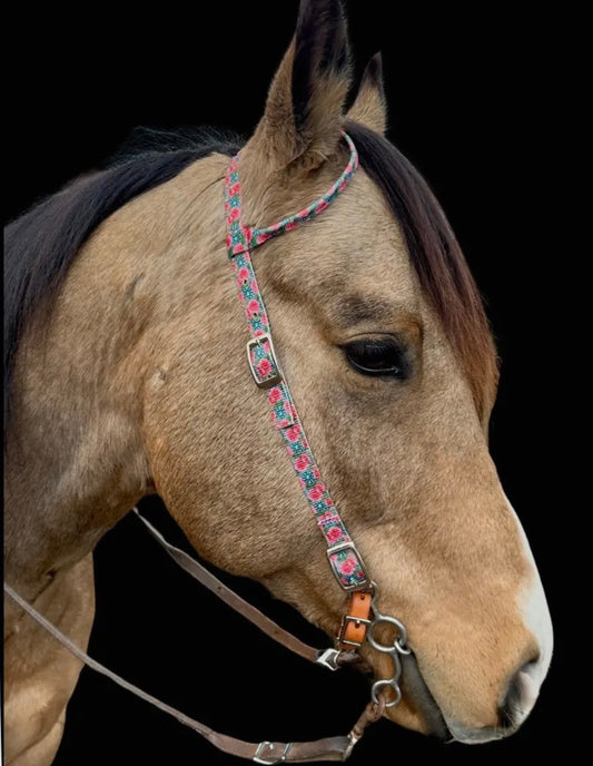 Schulz Equine Nylon One Ear Headstall - Turquoise Floral